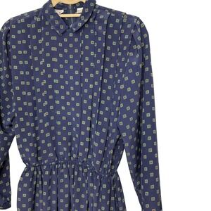 Talbots Vintage Dress Long Sleeve Collared‎ Pleated Geometric Print Navy Blue 6